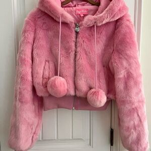 Sugar Thrillz Pink Faux Fur Jacket with Pom-Poms